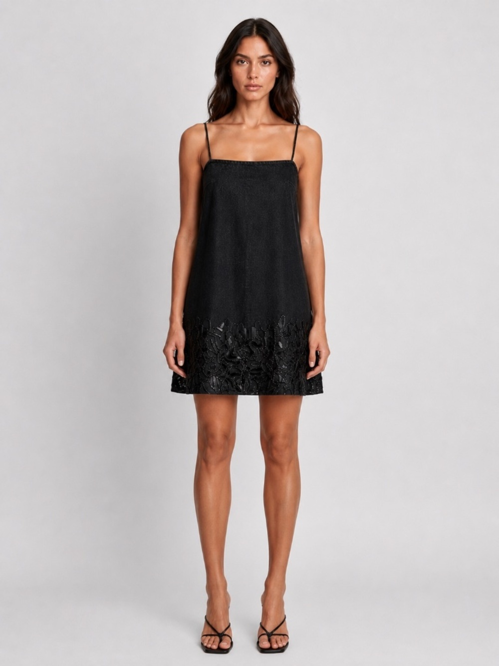 Ollari Anthropologie Black Denim Pinafore Dress Ribbon Sequin Dimensional Small